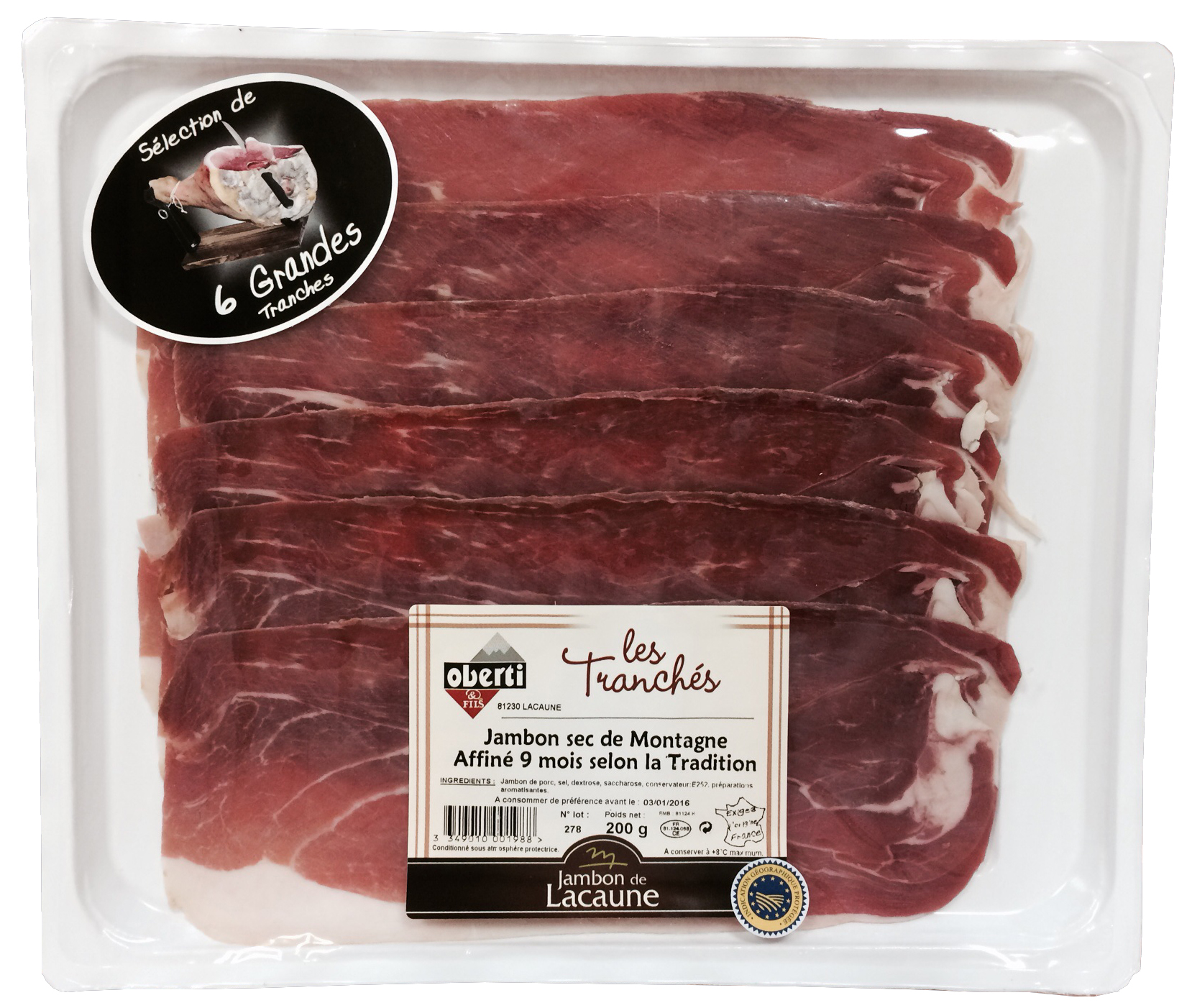 Jambon de Lacaune 9 mois 6 grandes tranches 200g IGP
