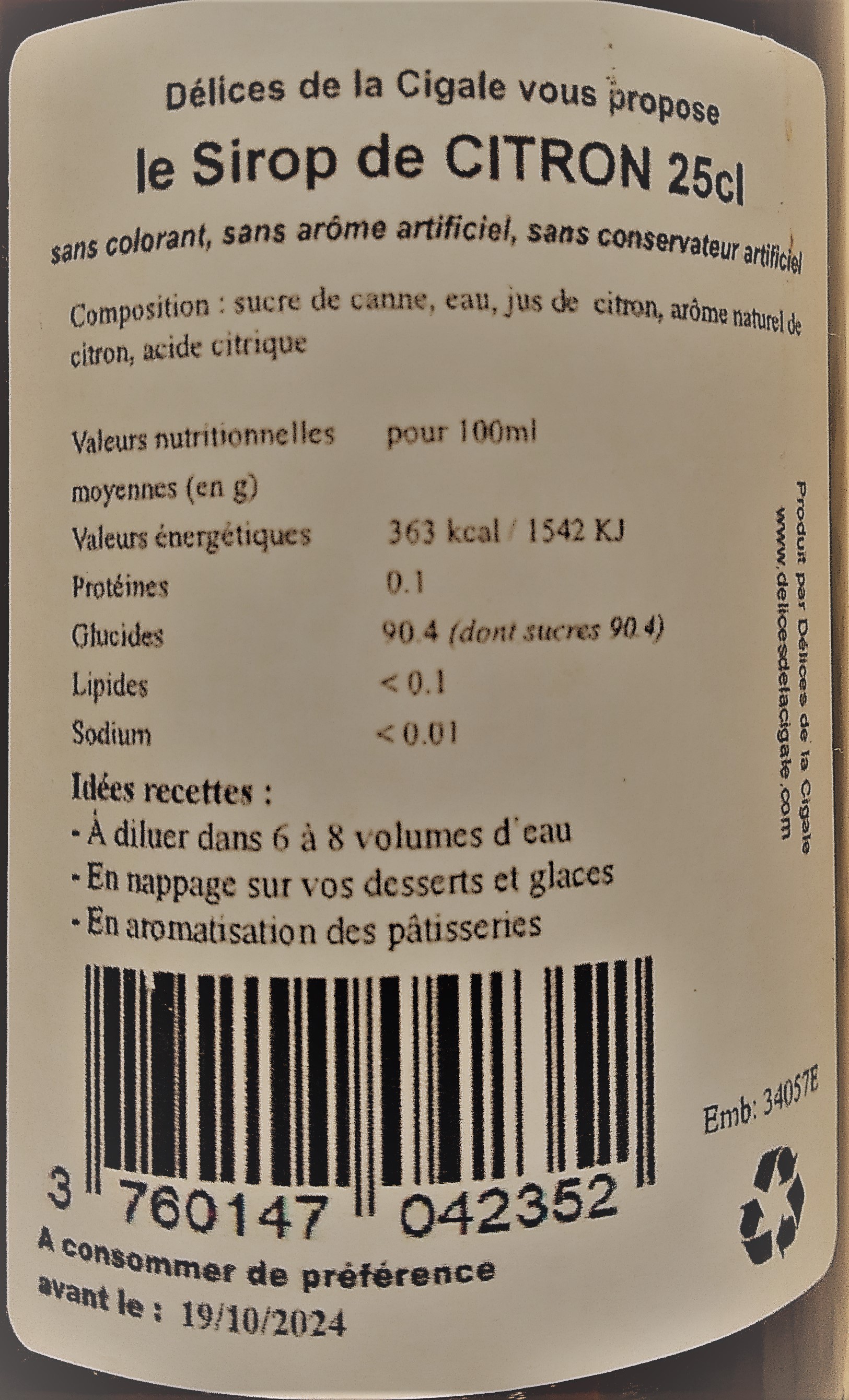 Sirop artisanal de Citron