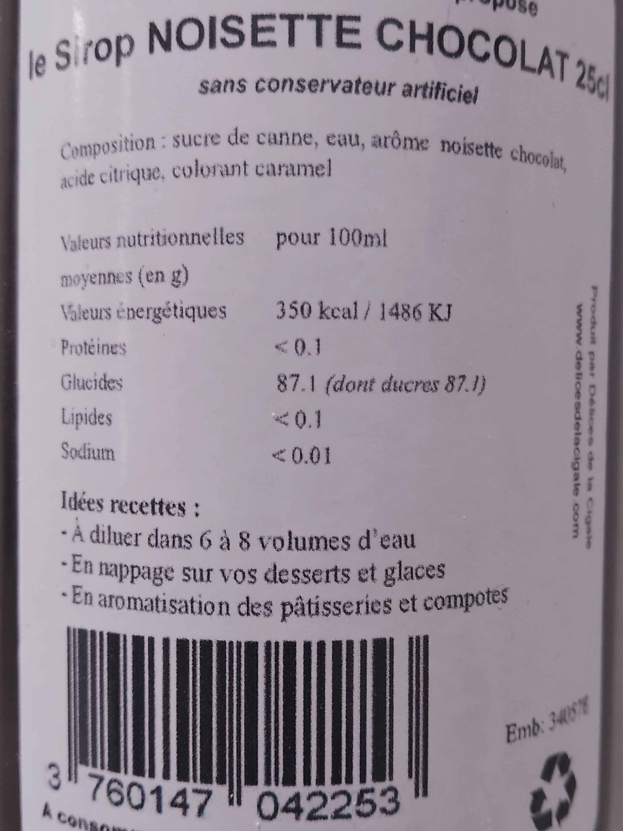 Sirop artisanal saveur Noisette Chocolat