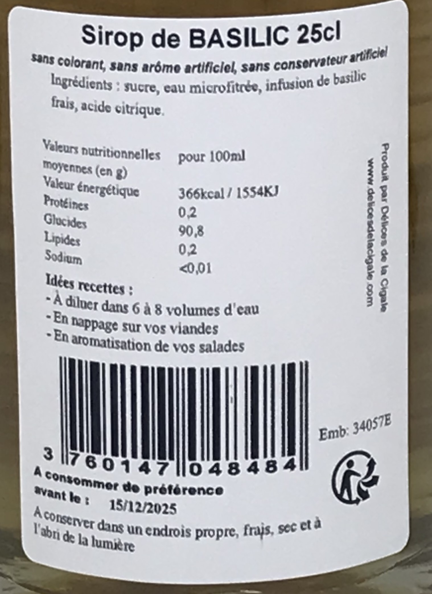 Sirop artisanal de Basilic Frais