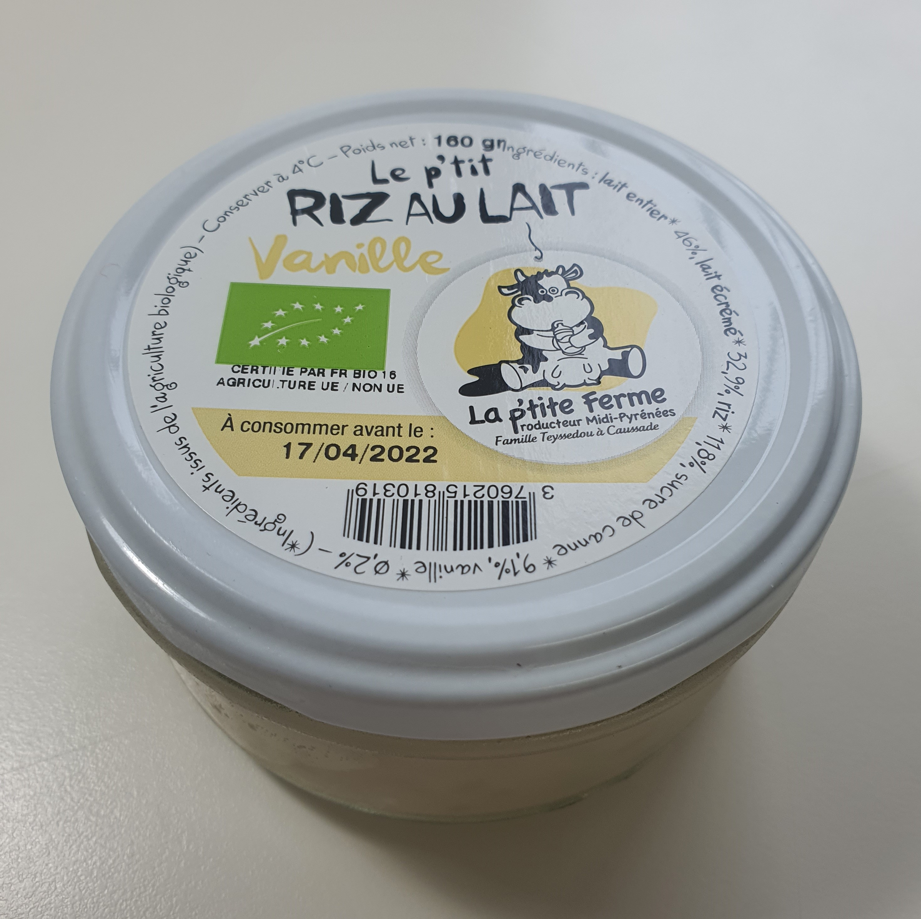 RIZ AU LAIT a la vanille en gousse de Madagascar 160gr