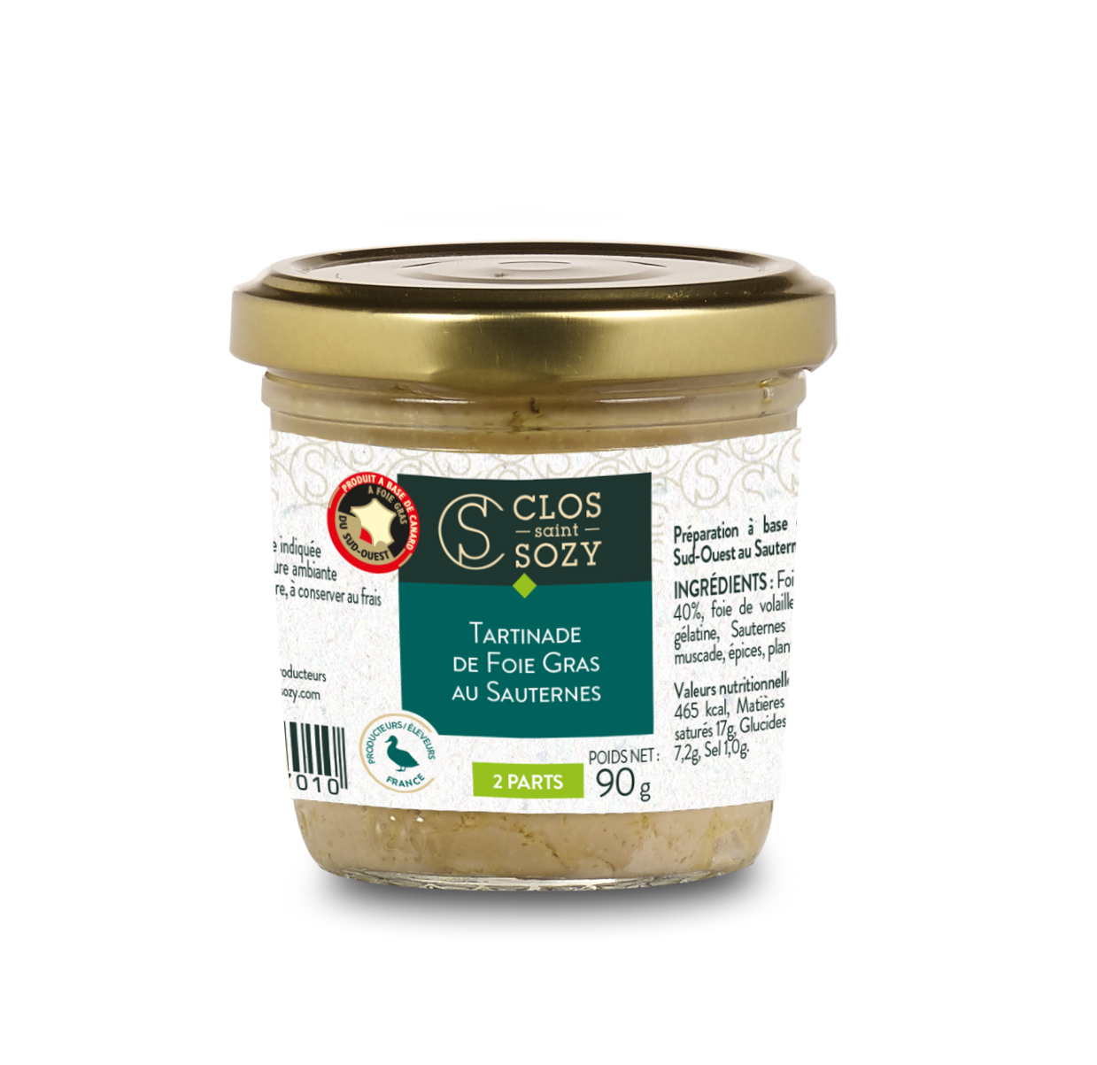 TARTINADE AU FOIE GRAS DE CANARD DU SUD-OUEST PARFUMÉE AU SAUTERNES 40% DE FOIE GRAS DE CANARD