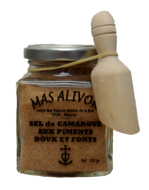 POT SEL DE CAMARGUE AUX 2 PIMENTS DOUX ET FORTS AVEC PETITE CUILLERE BOIS